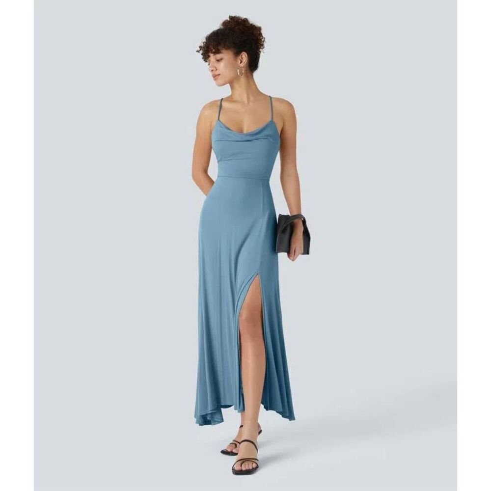 HALARA Blue Spaghetti-Strap Midi Dress with Side Slit